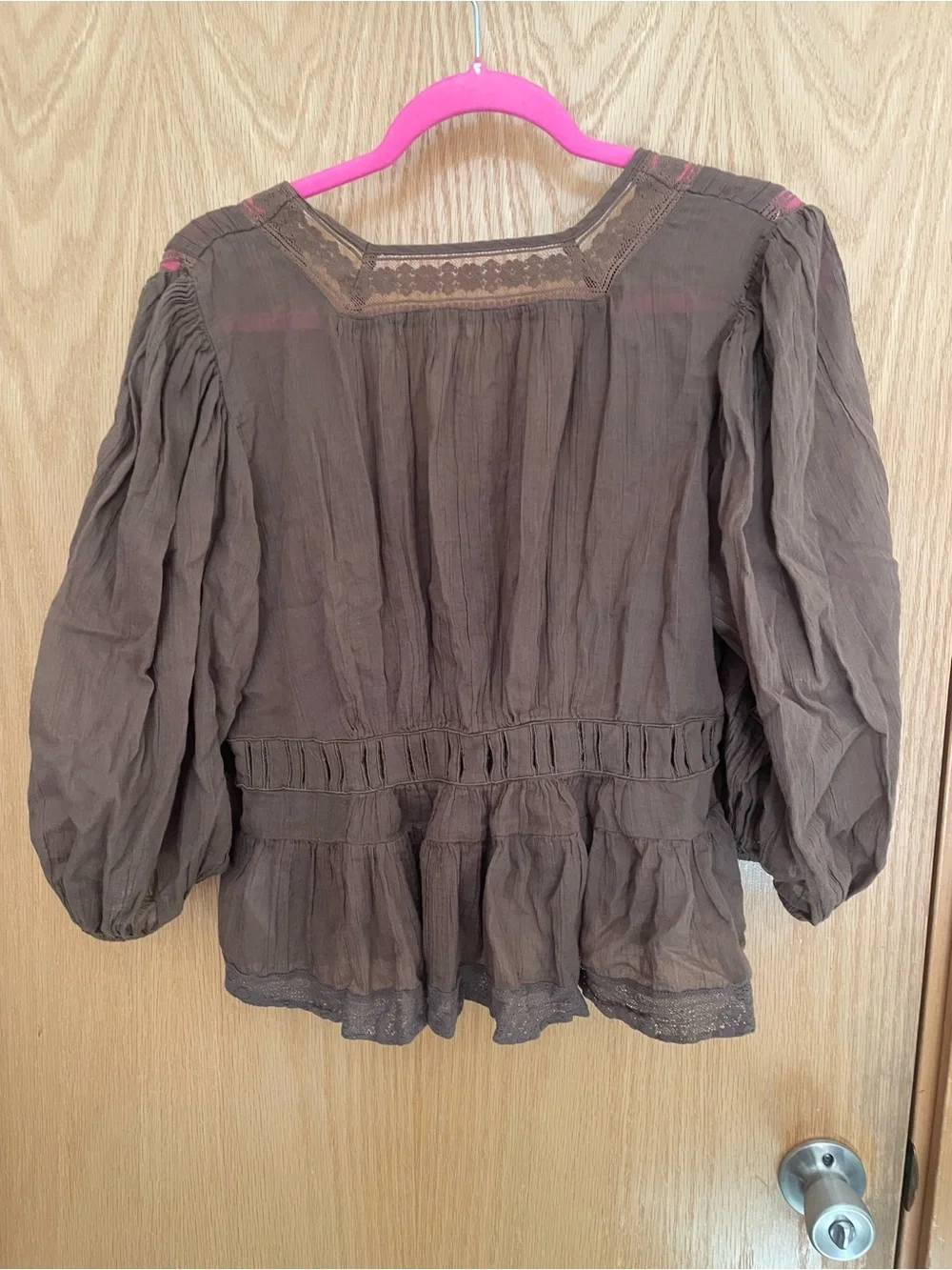 Free People Brown Boho V-Neck Tunic with Lace Trim